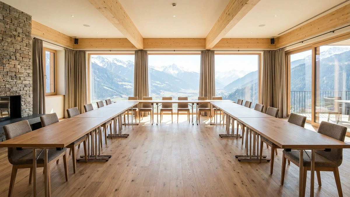Heller Tagungsraum mit Bergblick in einem Hotel im Inntal