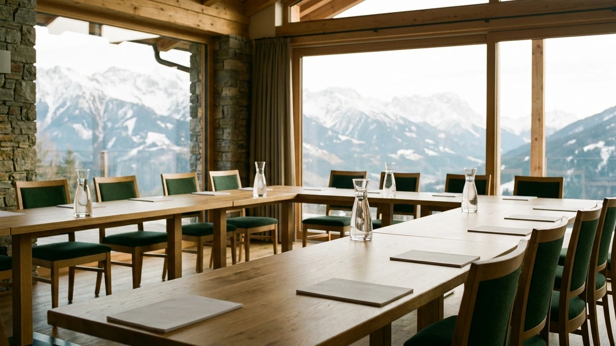 Tagungsraum mit langen Holztischen, grünen Polsterstühlen und Panoramafenster mit Blick auf verschneite Berge