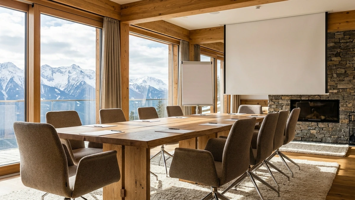 Moderner Tagungsraum in einem Alpenhotel mit langem Holztisch, gepolsterten Stühlen und Panoramafenstern mit Blick auf schneebedeckte Berge