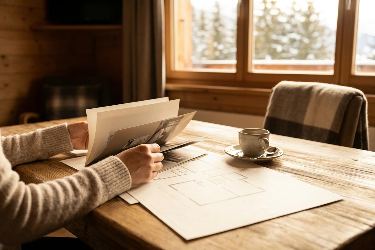 Hände blättern durch ausgedruckte Tagungsunterlagen und Grundrisse auf einem Holztisch, daneben eine Kaffeetasse im Morgenlicht