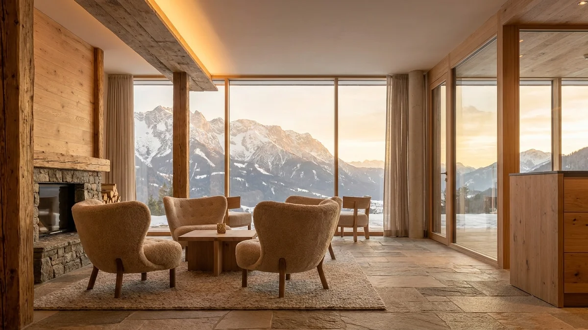 Moderne Hotel-Lobby in den Alpen mit Blick auf Bergpanorama